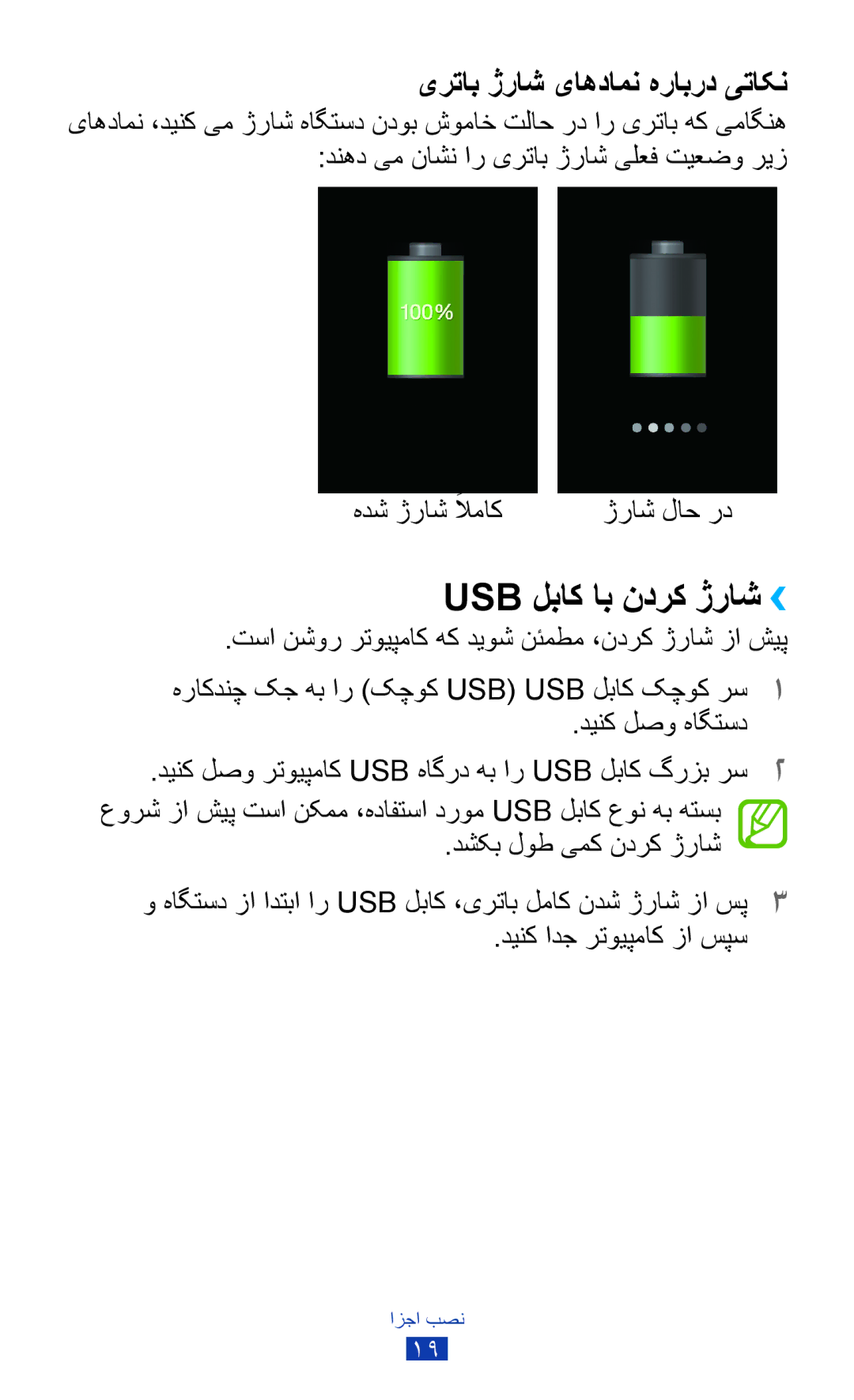 Samsung GT-S7562UWAXSG, GT-S7562ZKAJED, GT-S7562ZKAXSG, GT-S7562UWAAFR manual Usb لباک اب ندرک ژراش››, هدش ژراش لاماک 