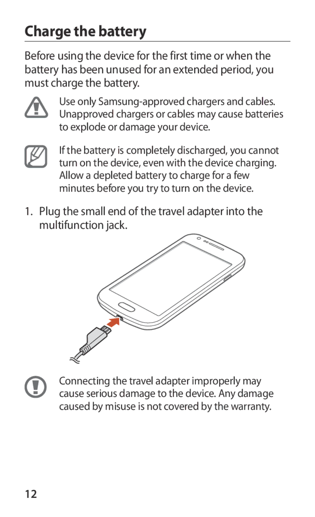 Samsung GT-S7562ZKAJED, GT-S7562ZKAXSG, GT-S7562UWAAFR, GT-S7562UWAJED, GT-S7562UWAKSA, GT-S7562UWATHR manual Charge the battery 