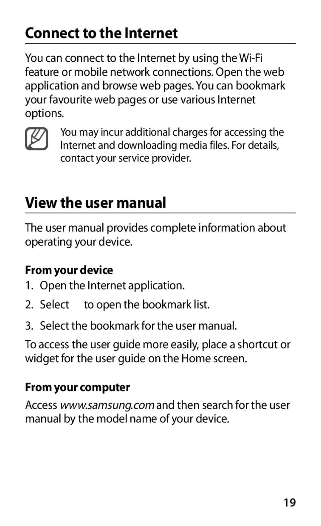 Samsung GT-S7562UWAPAK, GT-S7562ZKAJED, GT-S7562ZKAXSG manual Connect to the Internet, From your device, From your computer 