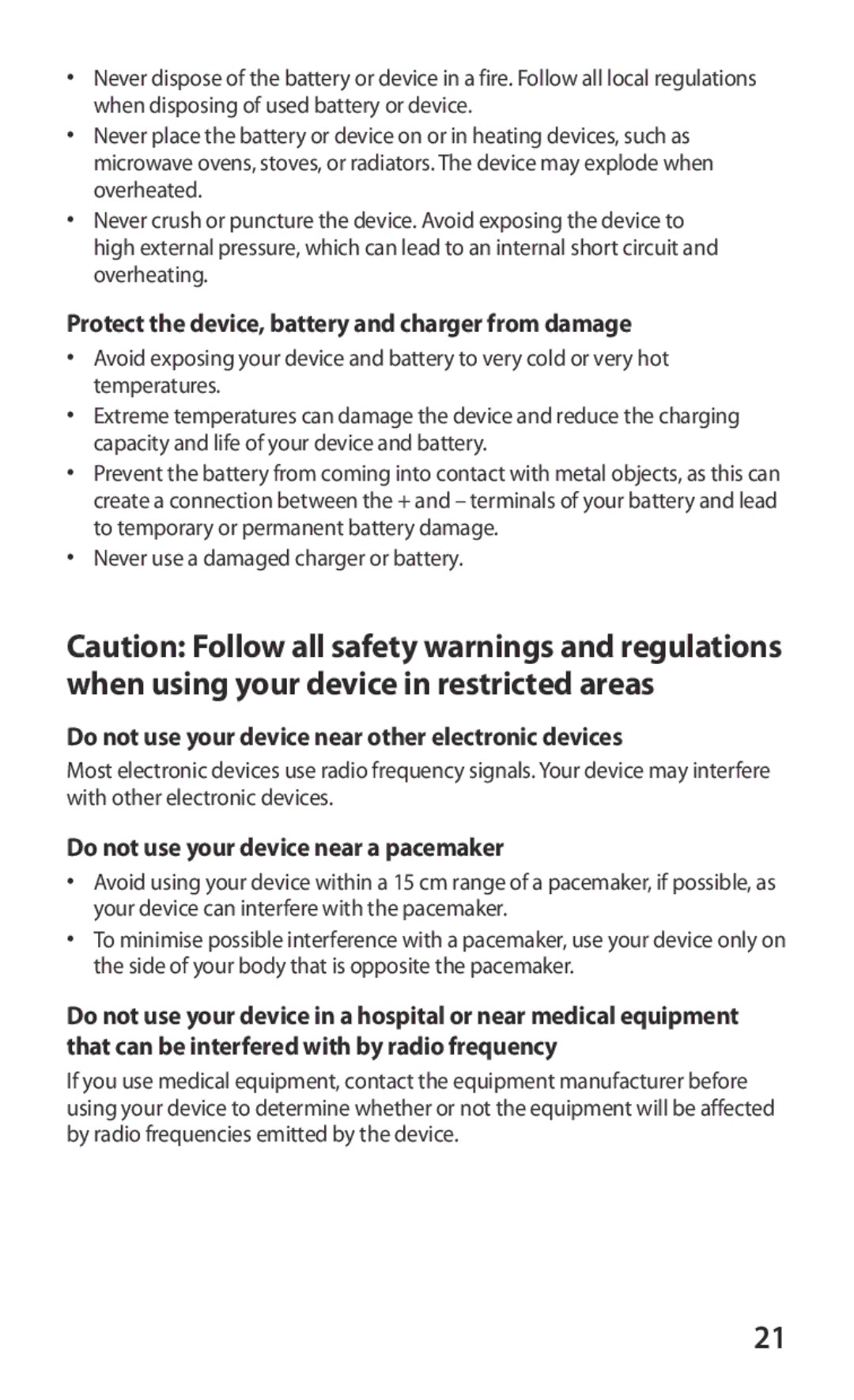 Samsung GT-S7562UWAXSG manual Protect the device, battery and charger from damage, Do not use your device near a pacemaker 