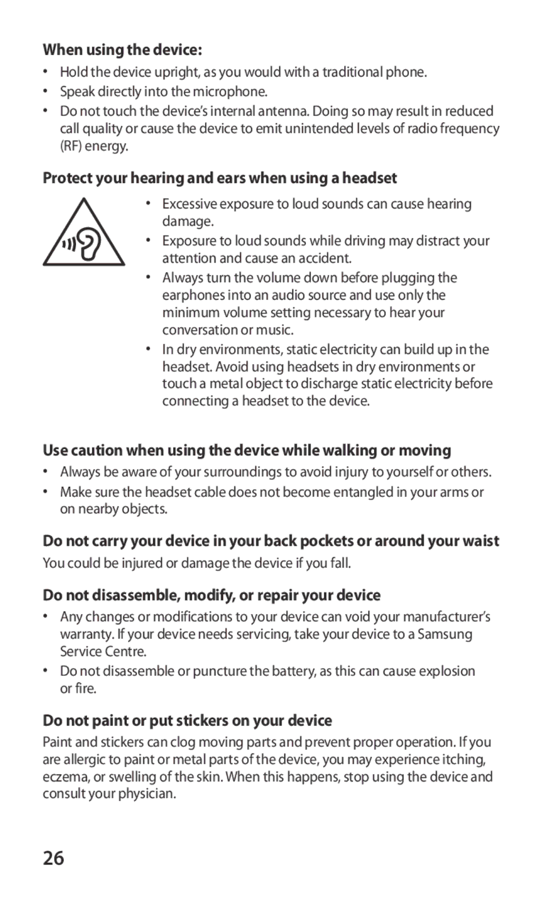 Samsung GT-S7562UWAAFR, GT-S7562ZKAJED manual When using the device, Protect your hearing and ears when using a headset 