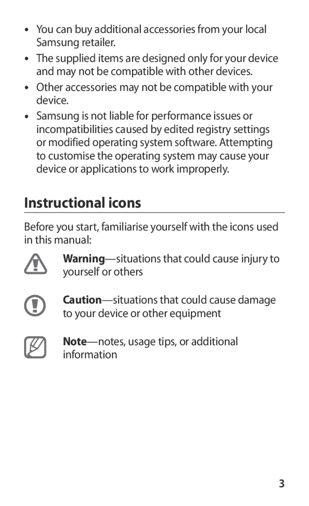 Samsung GT-S7562UWAJED, GT-S7562ZKAJED manual Instructional icons, Other accessories may not be compatible with your device 