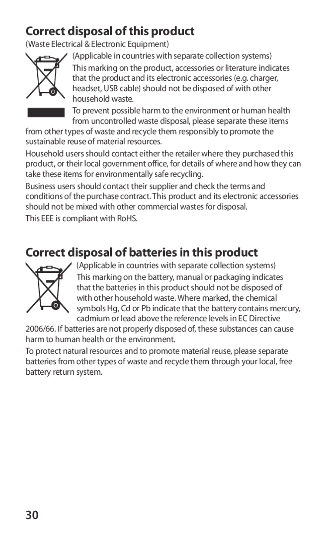 Samsung GT-S7562ZKAAFR, GT-S7562ZKAJED Correct disposal of this product, Correct disposal of batteries in this product 