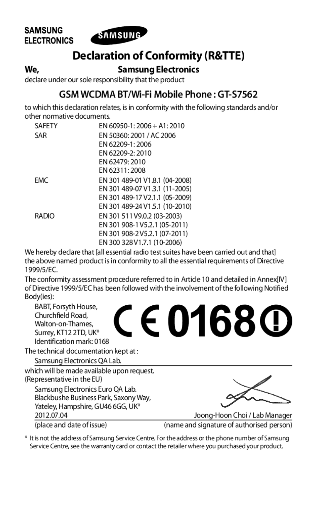 Samsung GT-S7562UWAXSG, GT-S7562ZKAJED, GT-S7562ZKAXSG, GT-S7562UWAAFR, GT-S7562UWAJED manual Declaration of Conformity R&TTE 