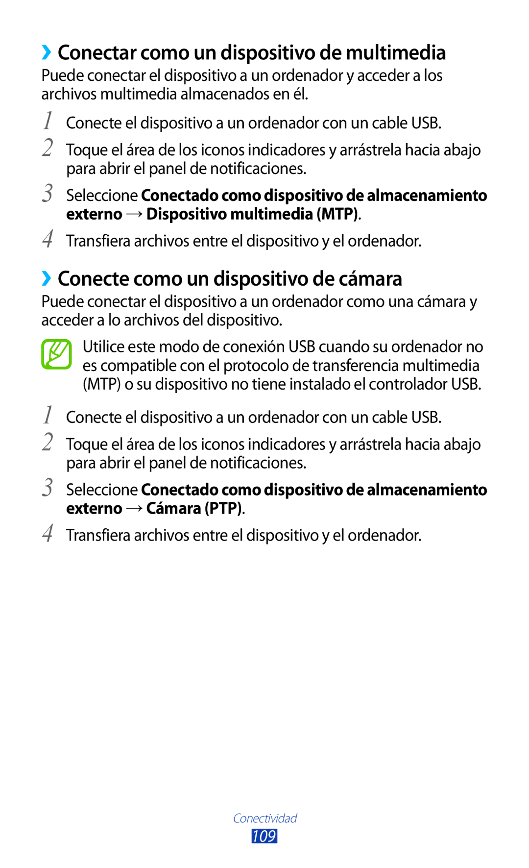 Samsung GT-S7562UWACOA manual ››Conectar como un dispositivo de multimedia, ››Conecte como un dispositivo de cámara 