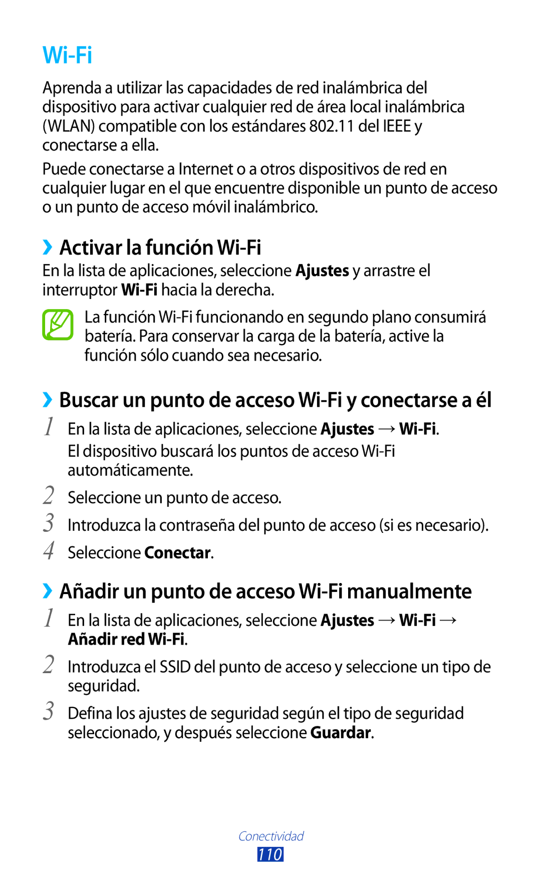 Samsung GT-S7562UWAPHE manual ››Activar la función Wi-Fi, En la lista de aplicaciones, seleccione Ajustes → Wi-Fi→ 