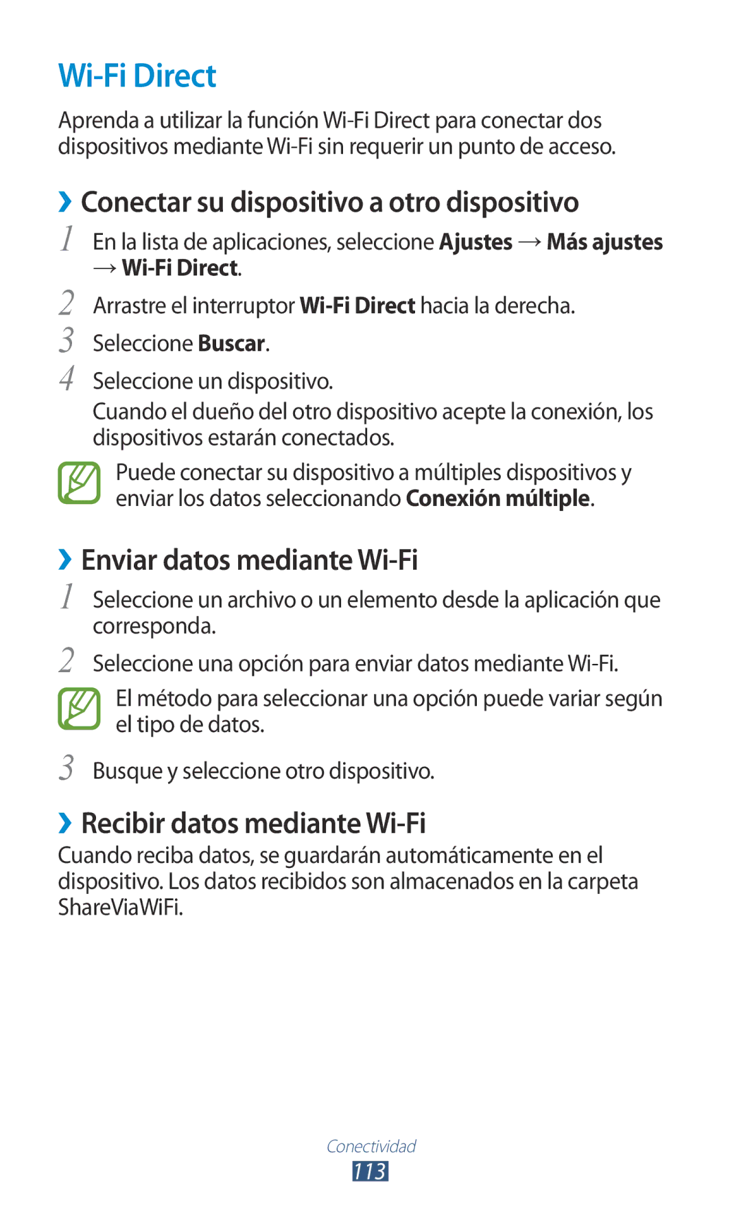 Samsung GT-S7562ZKADBT manual Wi-Fi Direct, ››Conectar su dispositivo a otro dispositivo, ››Enviar datos mediante Wi-Fi 