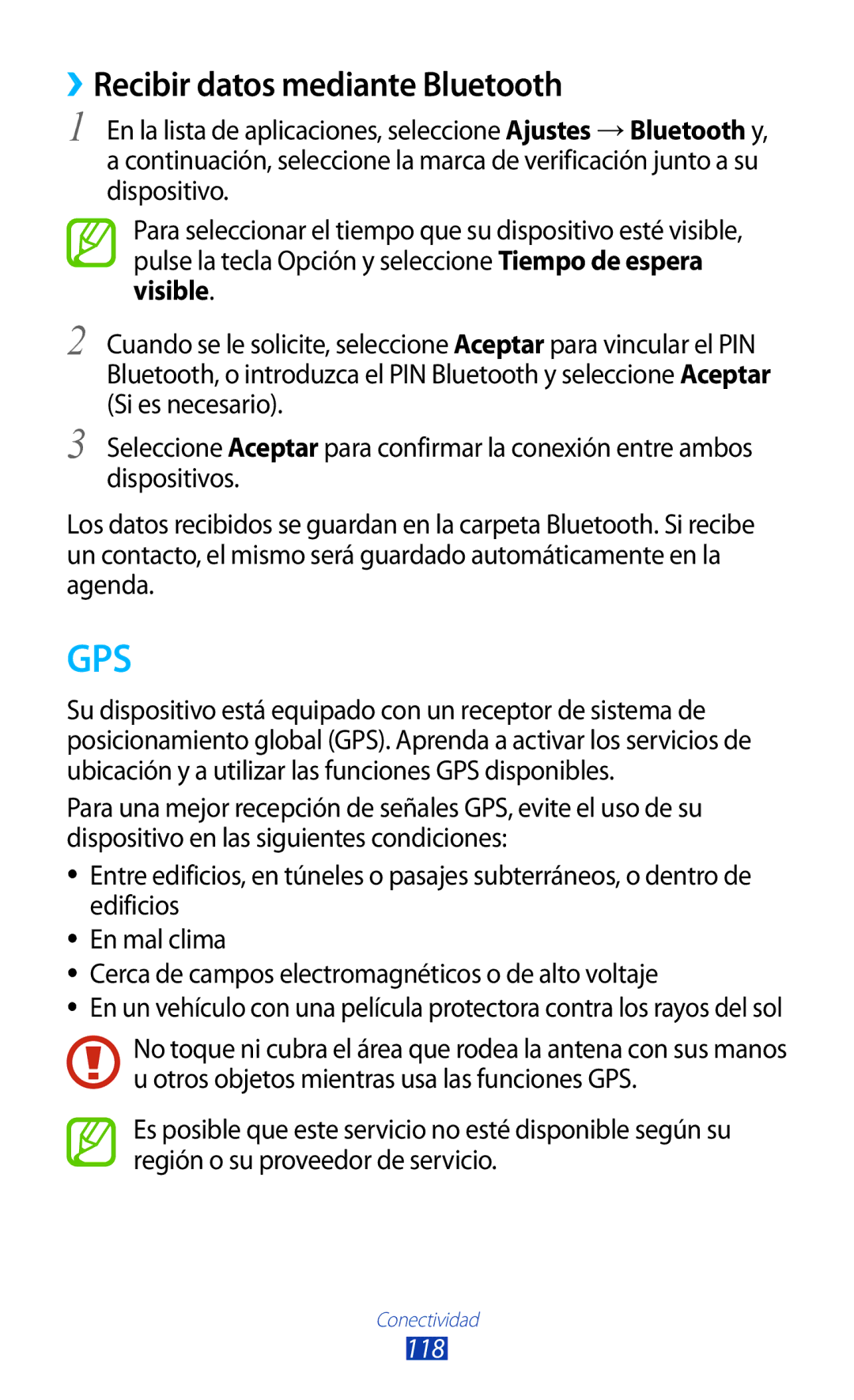 Samsung GT-S7562CWZCOA, GT-S7562ZKAOPT, GT-S7562UWADBT, GT-S7562ZKADBT manual Gps, ››Recibir datos mediante Bluetooth 