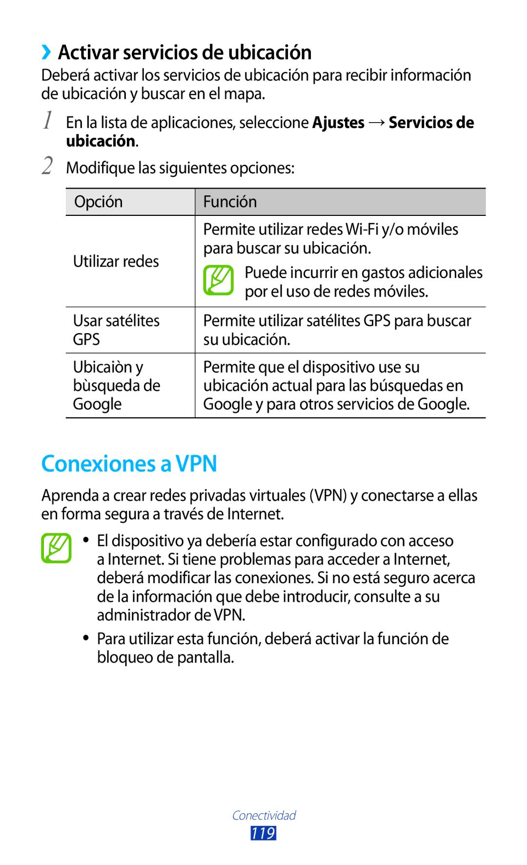 Samsung GT-S7562UWAATO, GT-S7562ZKAOPT, GT-S7562UWADBT, GT-S7562ZKADBT Conexiones a VPN, ››Activar servicios de ubicación 