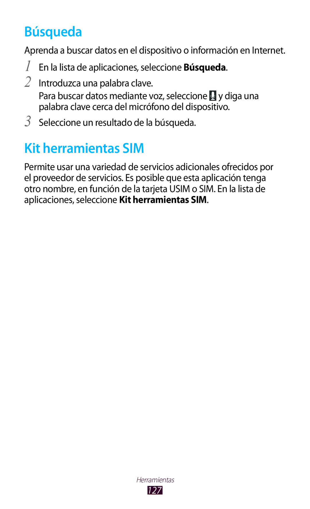 Samsung GT-S7562ZKADBT, GT-S7562ZKAOPT, GT-S7562UWADBT, GT-S7562UWATPH, GT-S7562ZKATPH manual Búsqueda, Kit herramientas SIM 