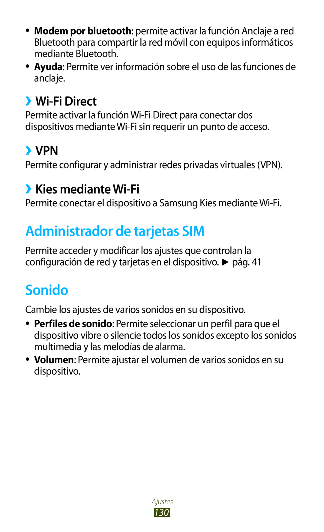 Samsung GT-S7562ZKAXEO, GT-S7562ZKAOPT manual Administrador de tarjetas SIM, Sonido, ››Wi-Fi Direct, ››Kies mediante Wi-Fi 