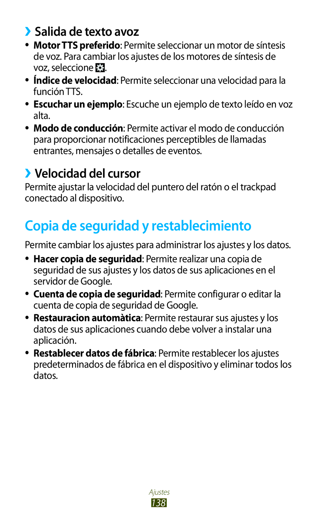 Samsung GT-S7562UWAPHE manual Copia de seguridad y restablecimiento, ››Salida de texto avoz, ››Velocidad del cursor 