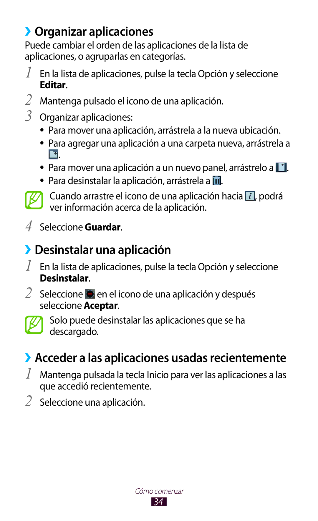 Samsung GT-S7562CWZCOA, GT-S7562ZKAOPT, GT-S7562UWADBT manual ››Organizar aplicaciones, ››Desinstalar una aplicación, Editar 