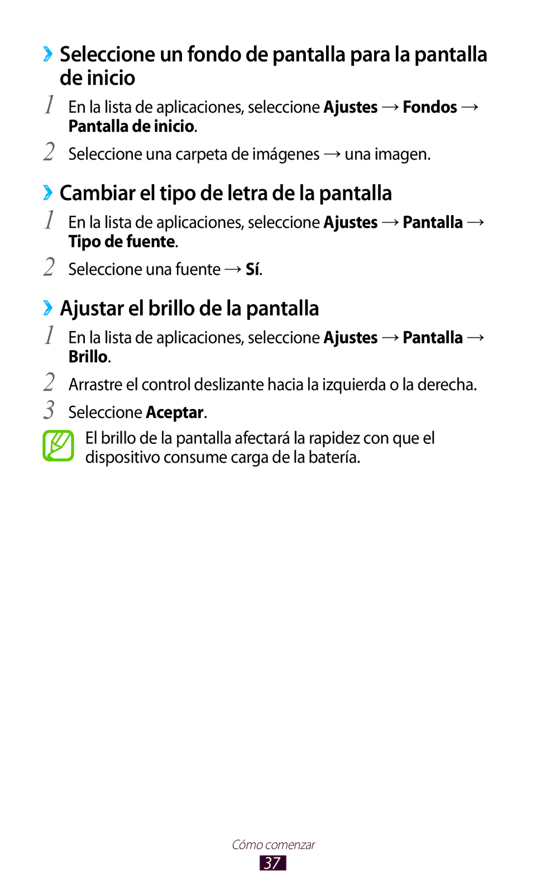 Samsung GT-S7562ZKACOA manual De inicio, ››Cambiar el tipo de letra de la pantalla, ››Ajustar el brillo de la pantalla 