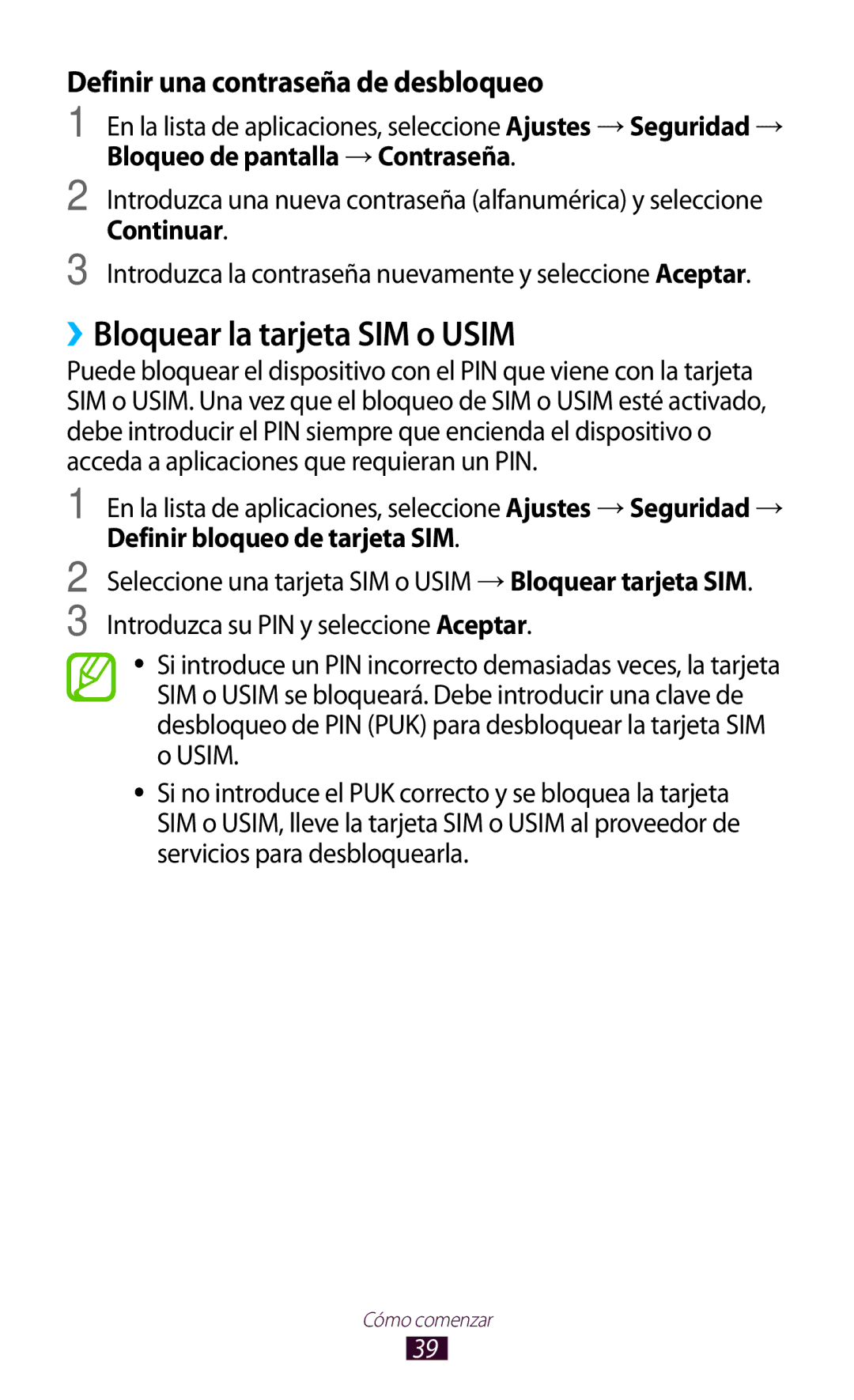 Samsung GT-S7562UWACOA, GT-S7562ZKAOPT, GT-S7562UWADBT ››Bloquear la tarjeta SIM o Usim, Definir bloqueo de tarjeta SIM 