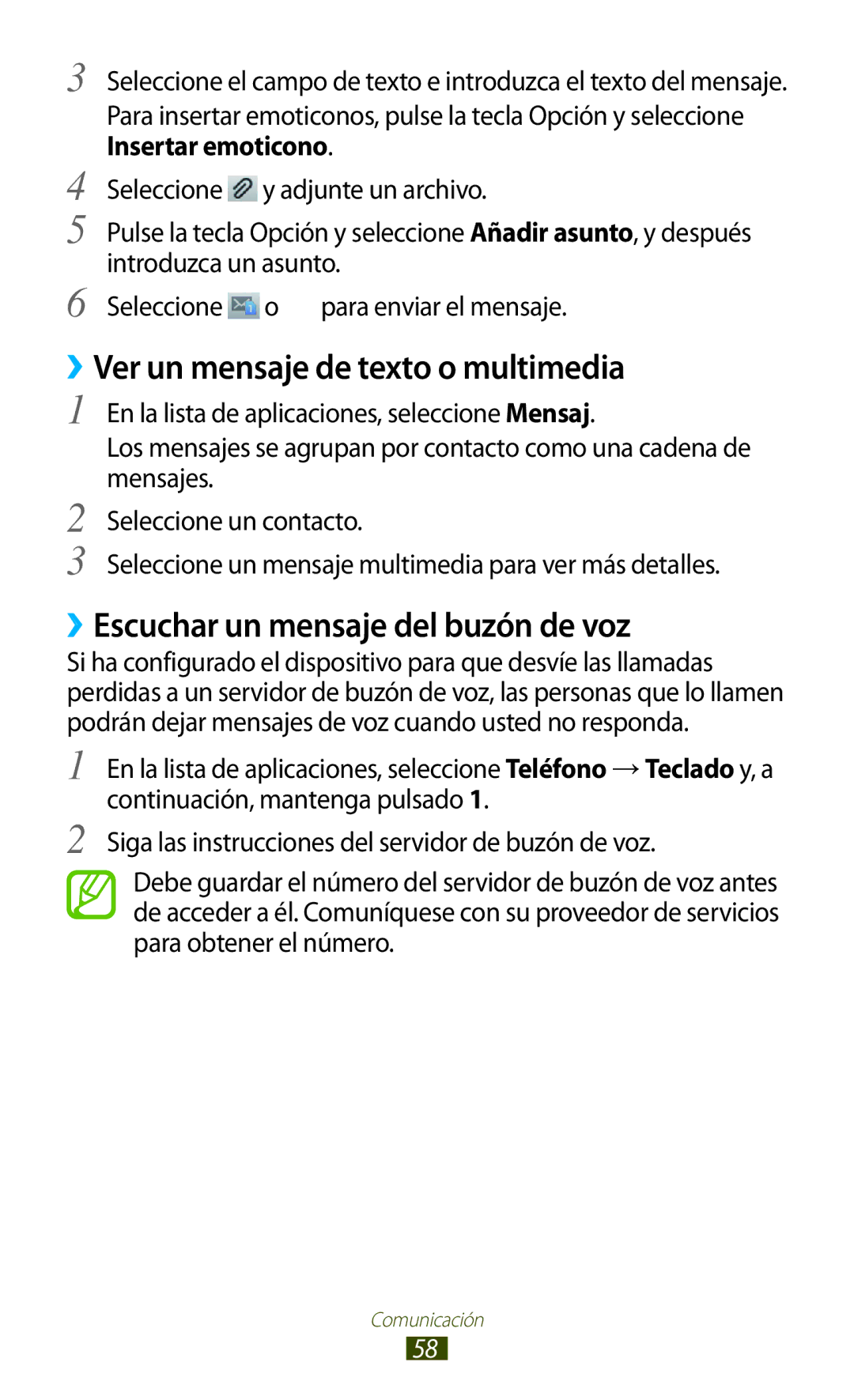 Samsung GT-S7562UWATPH, GT-S7562ZKAOPT manual ››Ver un mensaje de texto o multimedia, ››Escuchar un mensaje del buzón de voz 