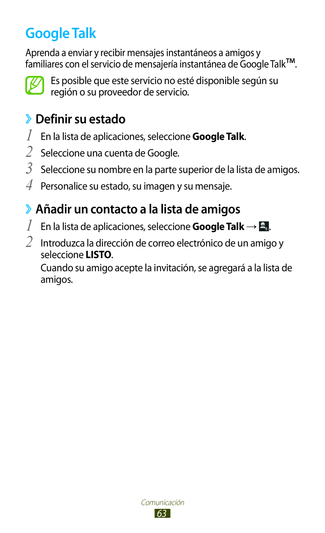 Samsung GT-S7562UWAATO, GT-S7562ZKAOPT manual Google Talk, ››Definir su estado, ››Añadir un contacto a la lista de amigos 