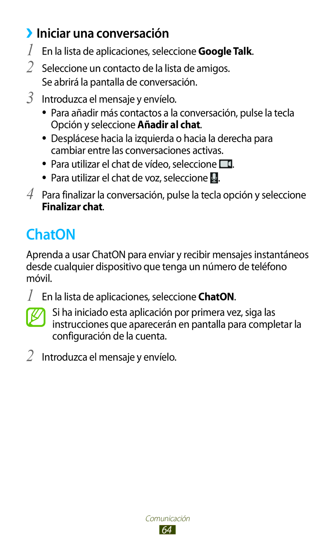 Samsung GT-S7562UWAOPT manual ChatON, ››Iniciar una conversación, En la lista de aplicaciones, seleccione Google Talk 