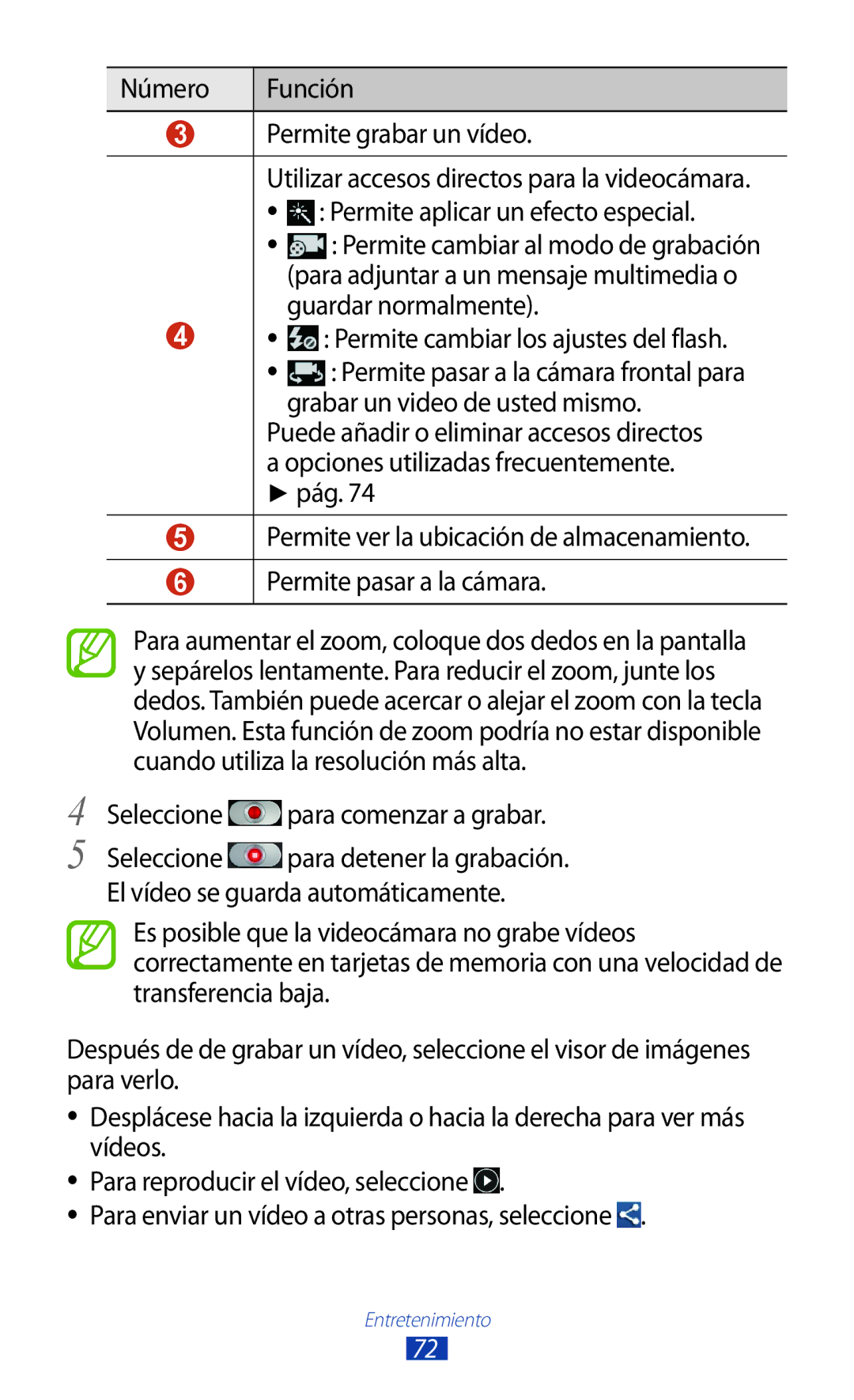 Samsung GT-S7562UWATPH, GT-S7562ZKAOPT manual Número Función Permite grabar un vídeo, Seleccione para comenzar a grabar 