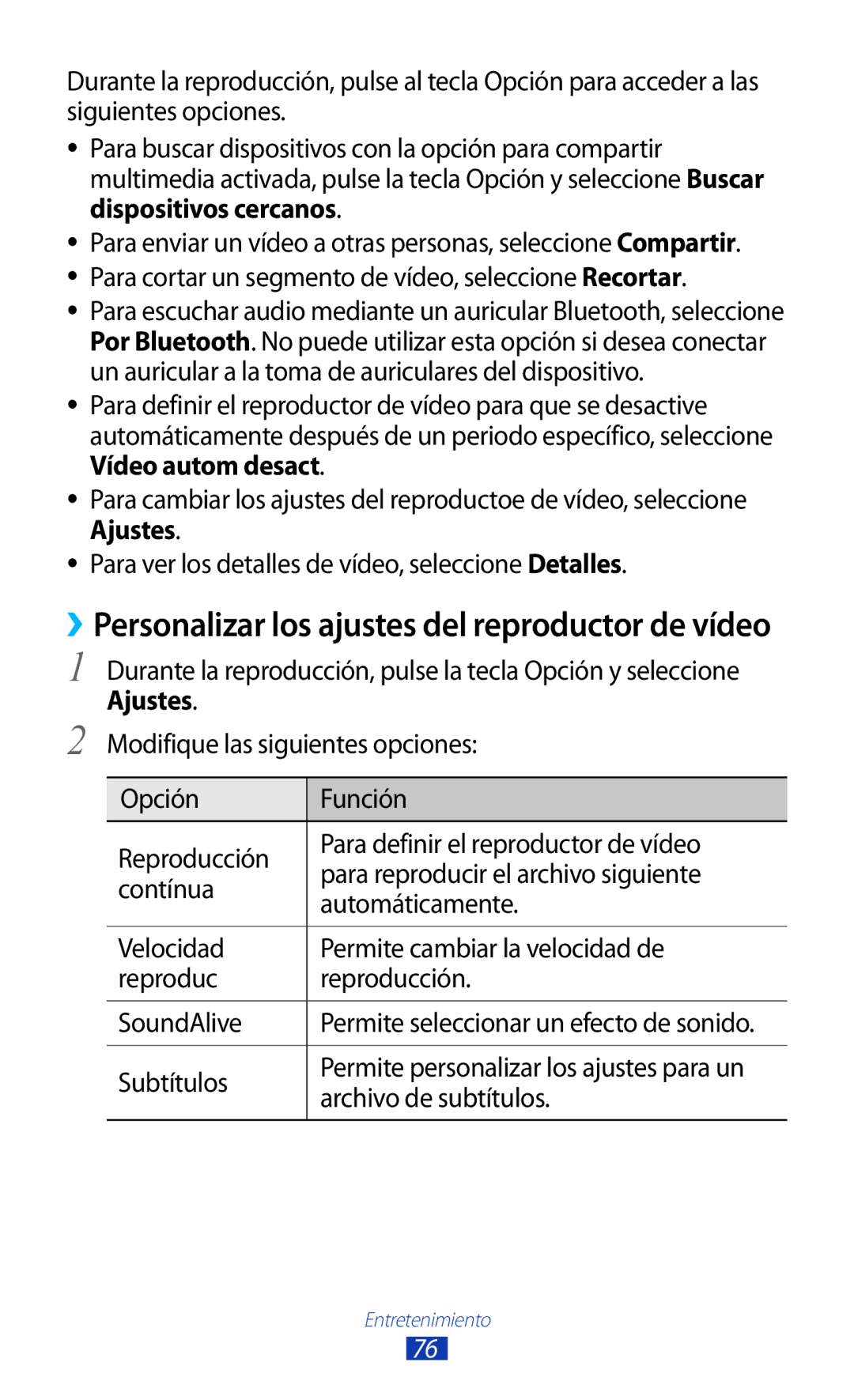 Samsung GT-S7562CWZCOA, GT-S7562ZKAOPT Durante la reproducción, pulse la tecla Opción y seleccione, Ajustes, Subtítulos 