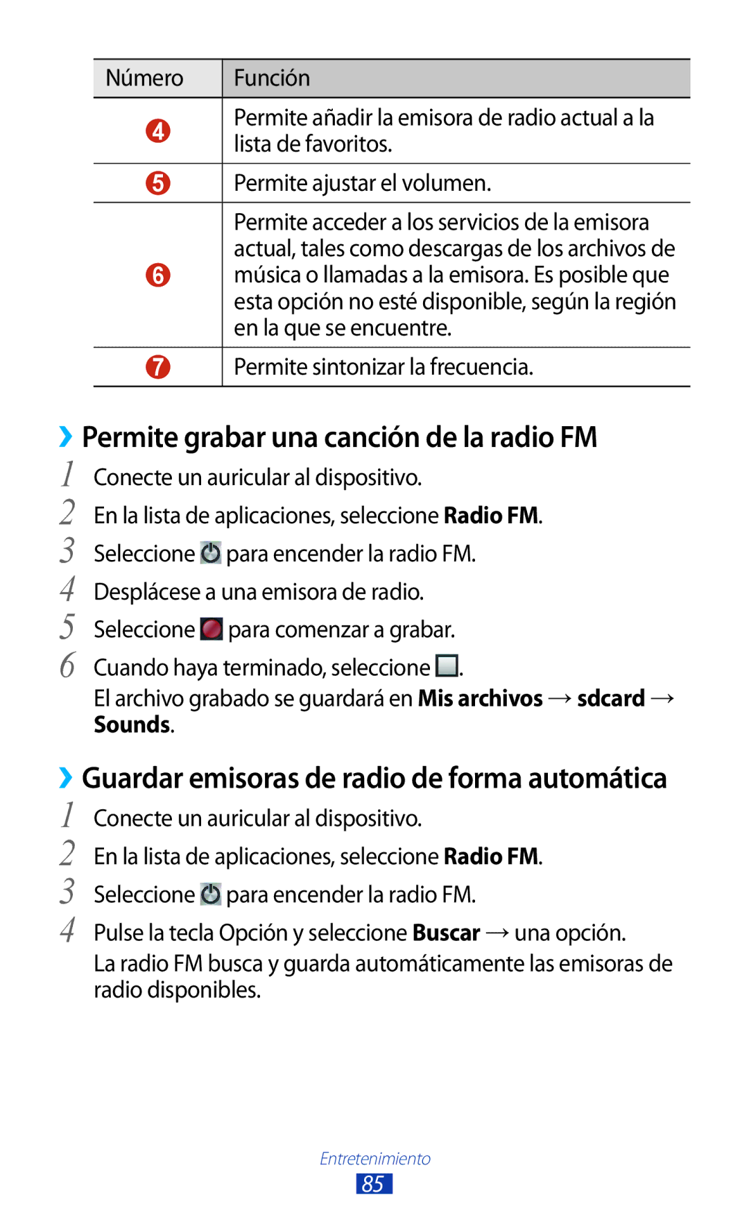 Samsung GT-S7562ZKADBT manual ››Permite grabar una canción de la radio FM, Permite sintonizar la frecuencia, Sounds 