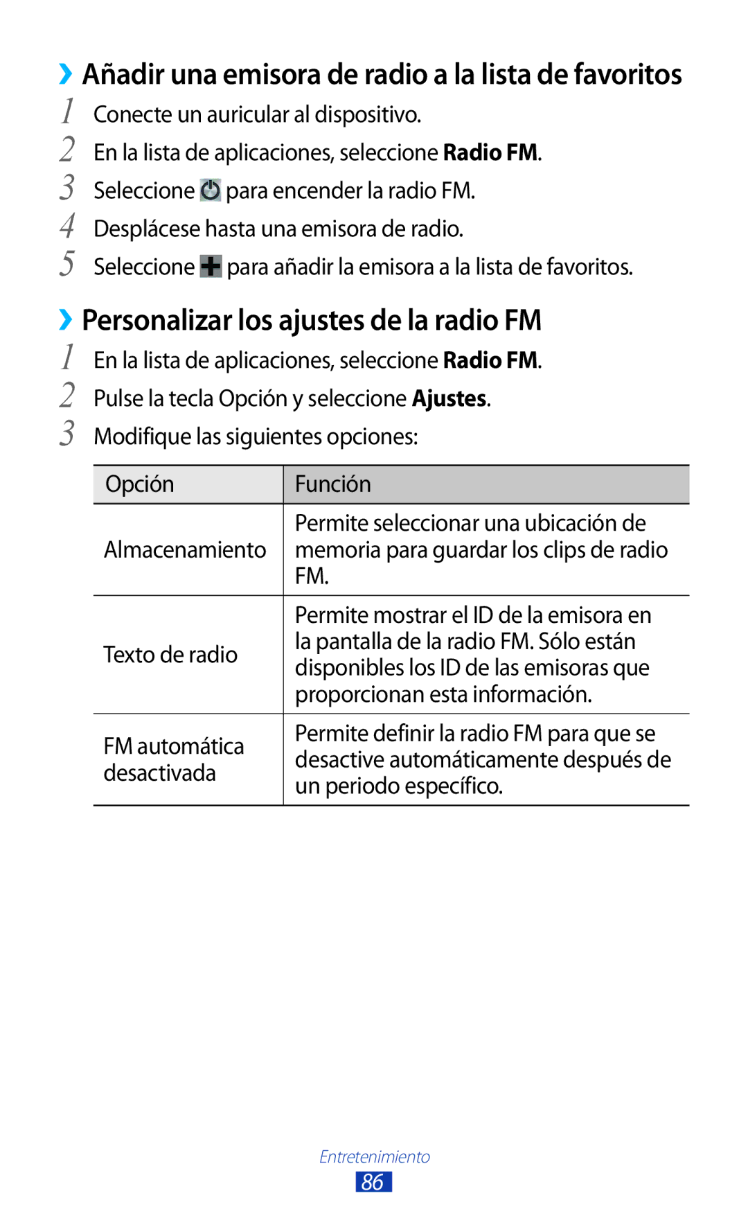 Samsung GT-S7562UWATPH, GT-S7562ZKAOPT, GT-S7562UWADBT, GT-S7562ZKADBT manual ››Personalizar los ajustes de la radio FM 