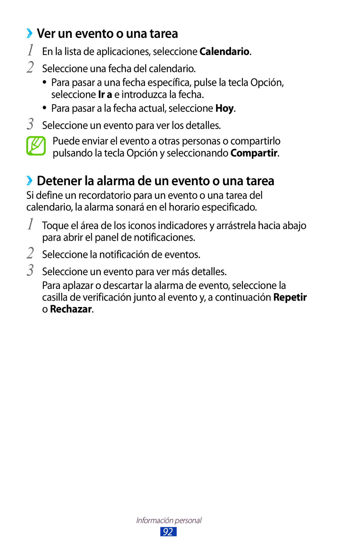 Samsung GT-S7562UWAOPT, GT-S7562ZKAOPT ››Ver un evento o una tarea, ››Detener la alarma de un evento o una tarea, Rechazar 