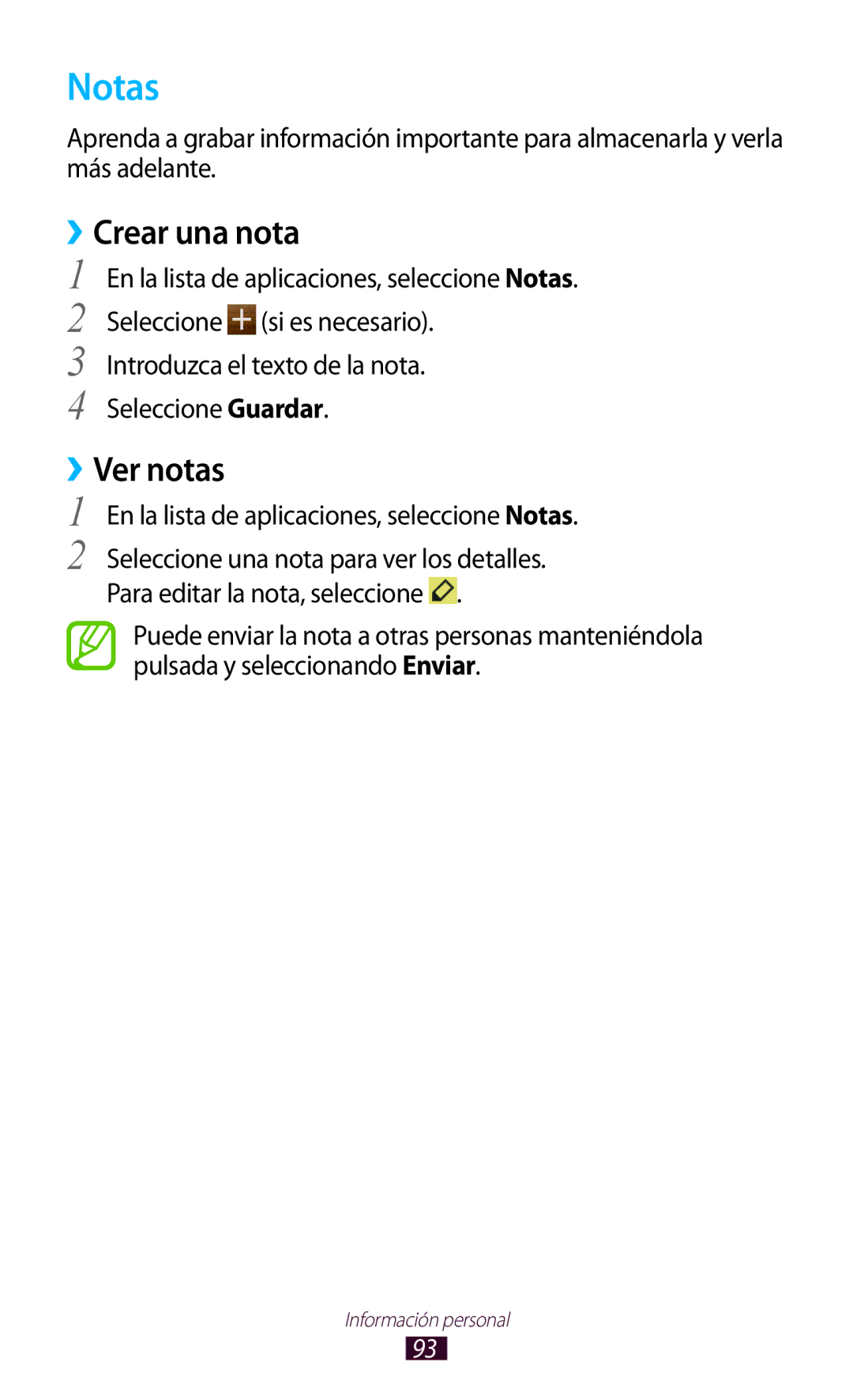 Samsung GT-S7562ZKACOA manual Notas, ››Crear una nota, ››Ver notas, Introduzca el texto de la nota. Seleccione Guardar 