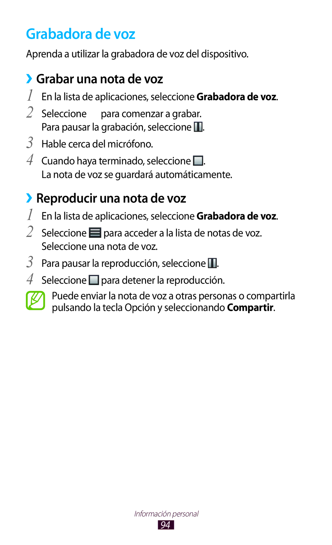 Samsung GT-S7562ZKAATO, GT-S7562ZKAOPT, GT-S7562UWADBT Grabadora de voz, Grabar una nota de voz, Reproducir una nota de voz 