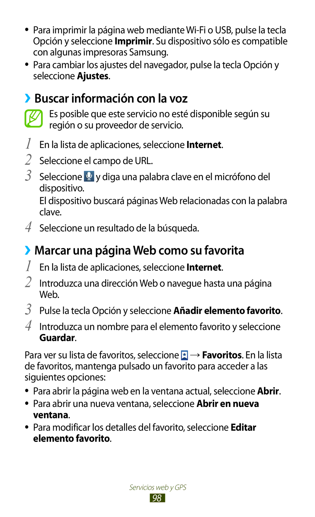 Samsung GT-S7562UWADBT, GT-S7562ZKAOPT manual ››Buscar información con la voz, ››Marcar una página Web como su favorita 