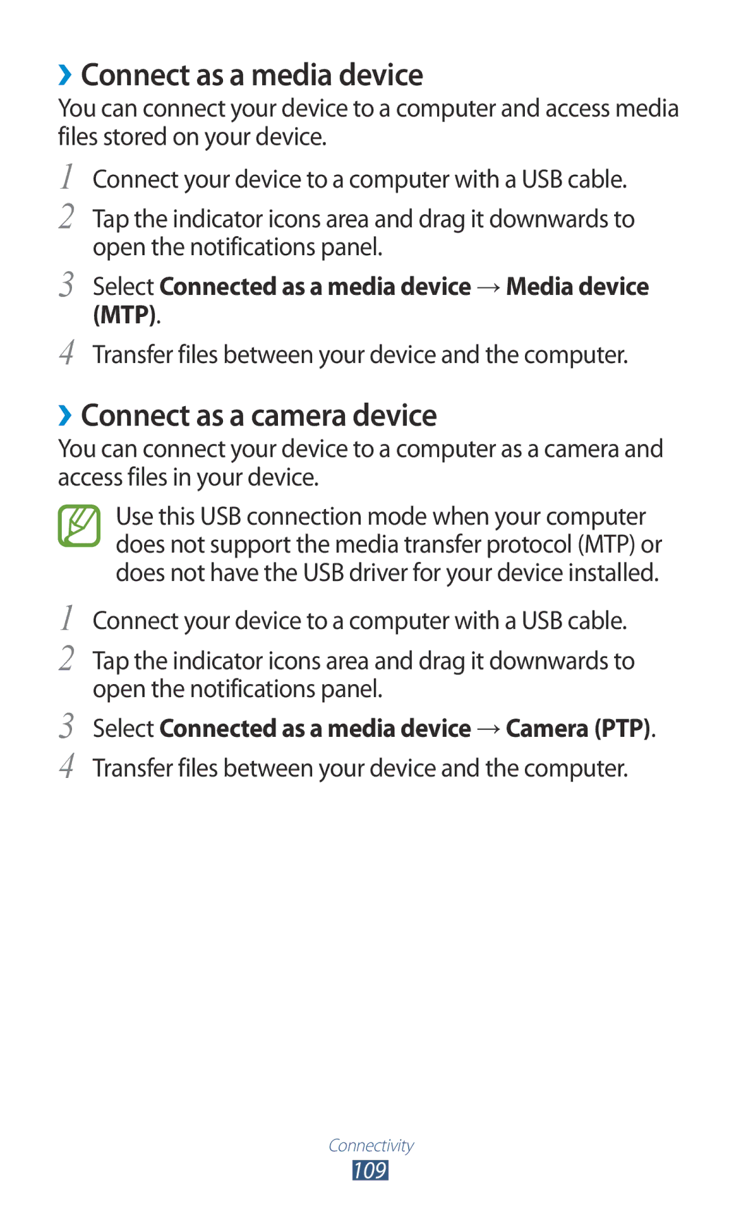 Samsung GT-S7562UWAEUR, GT-S7562ZKAOPT, GT-S7562UWADBT manual ››Connect as a media device, ››Connect as a camera device 