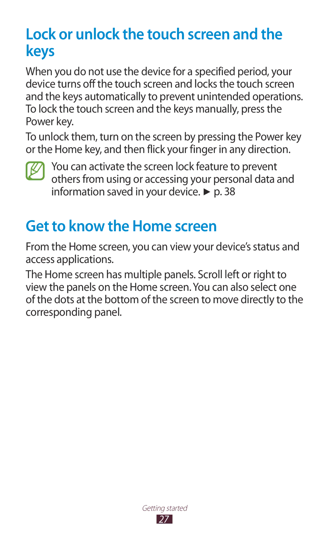 Samsung GT-S7562UWABGL, GT-S7562ZKAOPT manual Lock or unlock the touch screen and the keys, Get to know the Home screen 