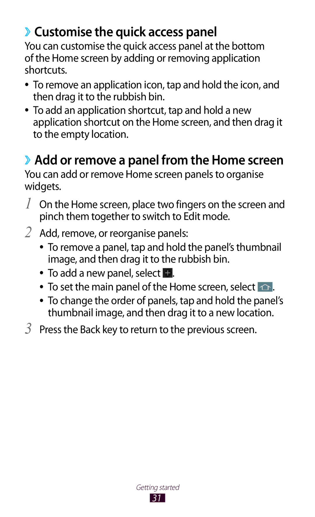 Samsung GT2S7562UWAETL, GT-S7562ZKAOPT manual ››Customise the quick access panel, Add, remove, or reorganise panels 