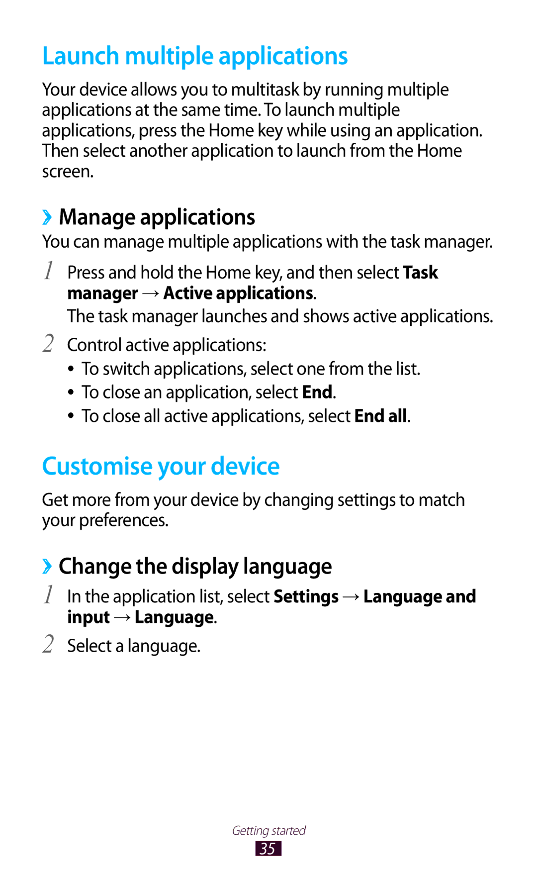 Samsung GT-S7562CWZORX manual Launch multiple applications, Customise your device, ››Manage applications, Input → Language 