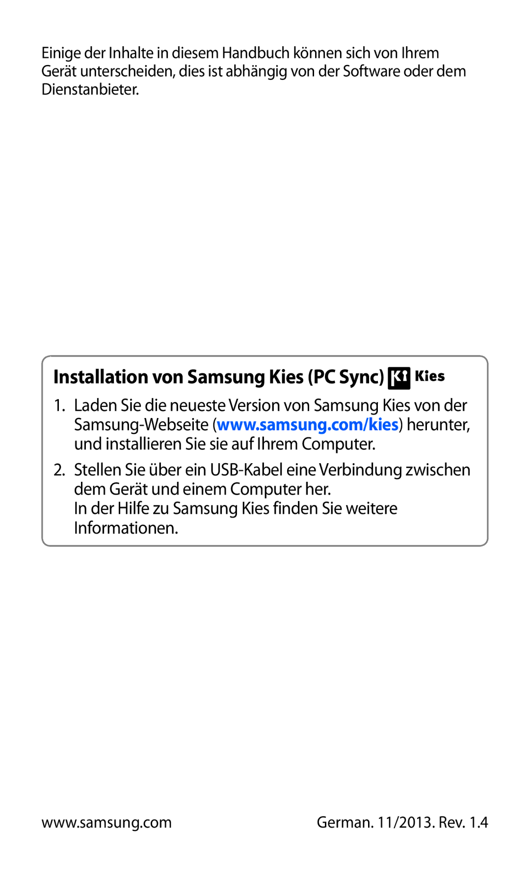 Samsung GT-S7562UWADBT, GT-S7562ZKAOPT, GT-S7562ZKATUR, GT-S7562ZKADBT manual Installation von Samsung Kies PC Sync 