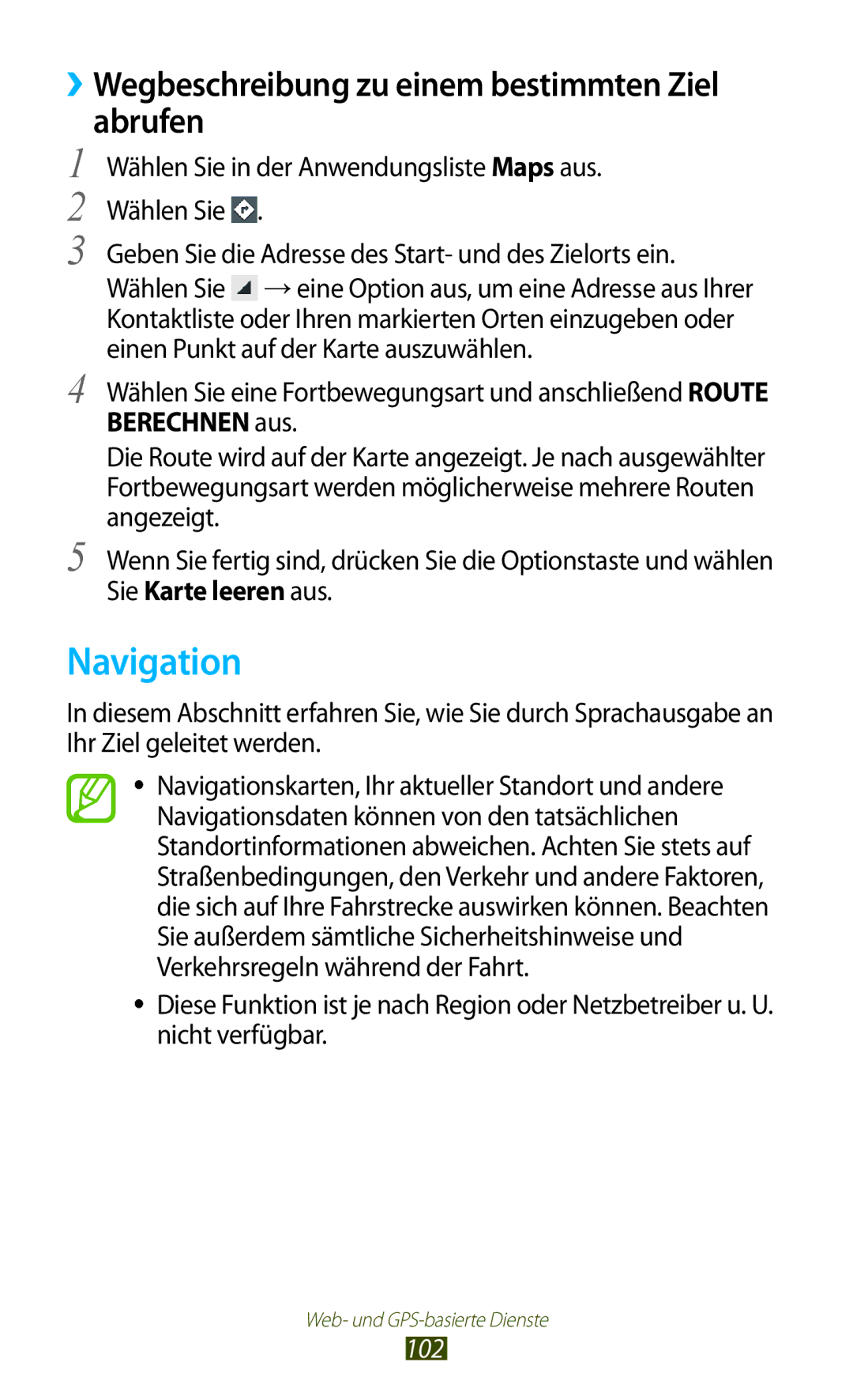 Samsung GT-S7562WSADBT, GT-S7562ZKAOPT, GT-S7562UWADBT manual Navigation, ››Wegbeschreibung zu einem bestimmten Ziel Abrufen 