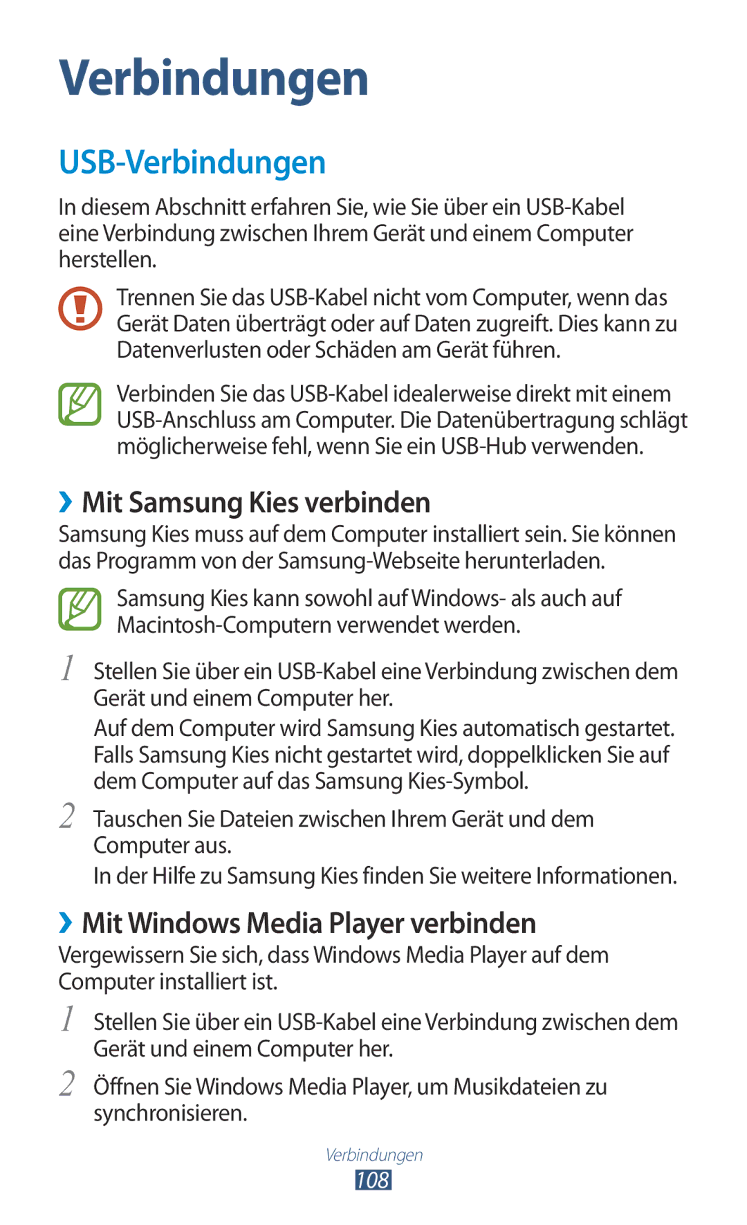 Samsung GT-S7562ZKAEUR manual USB-Verbindungen, ››Mit Samsung Kies verbinden, ››Mit Windows Media Player verbinden 