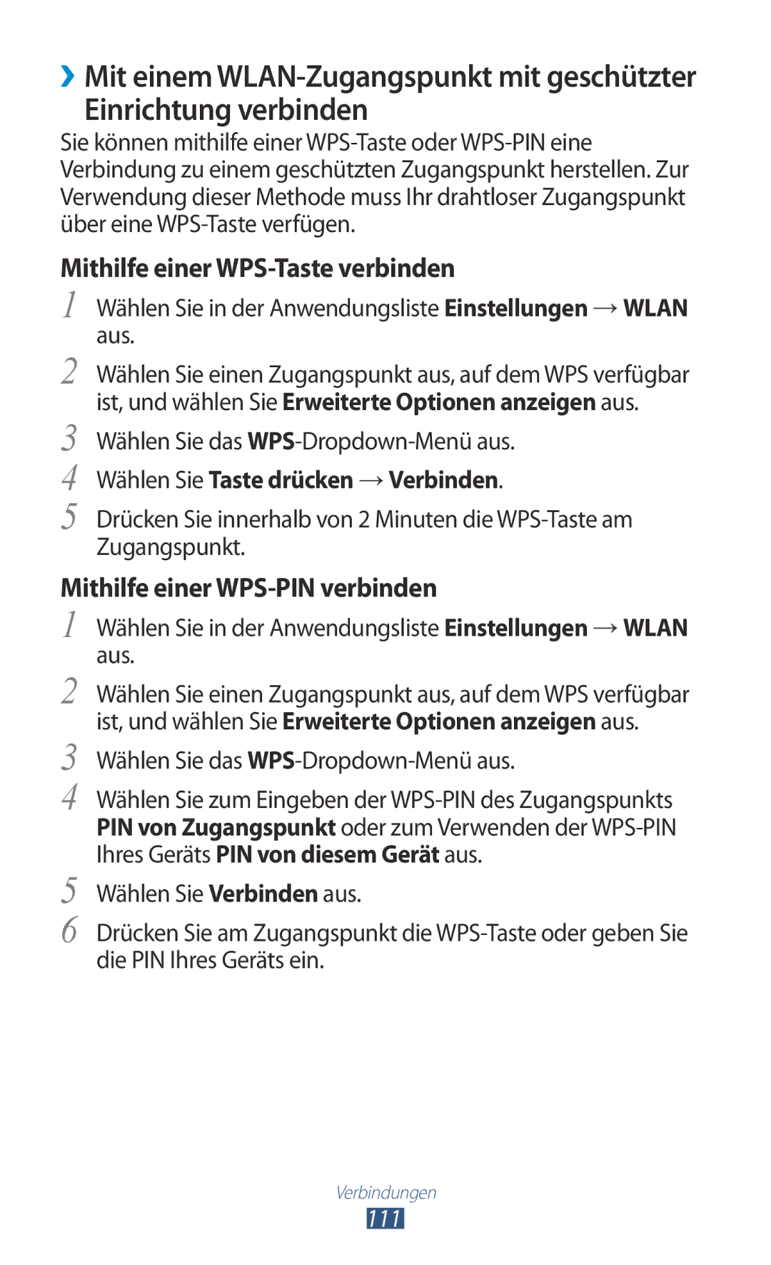 Samsung GT-S7562ZKATUR, GT-S7562ZKAOPT Einrichtung verbinden, Wählen Sie in der Anwendungsliste Einstellungen → Wlan aus 