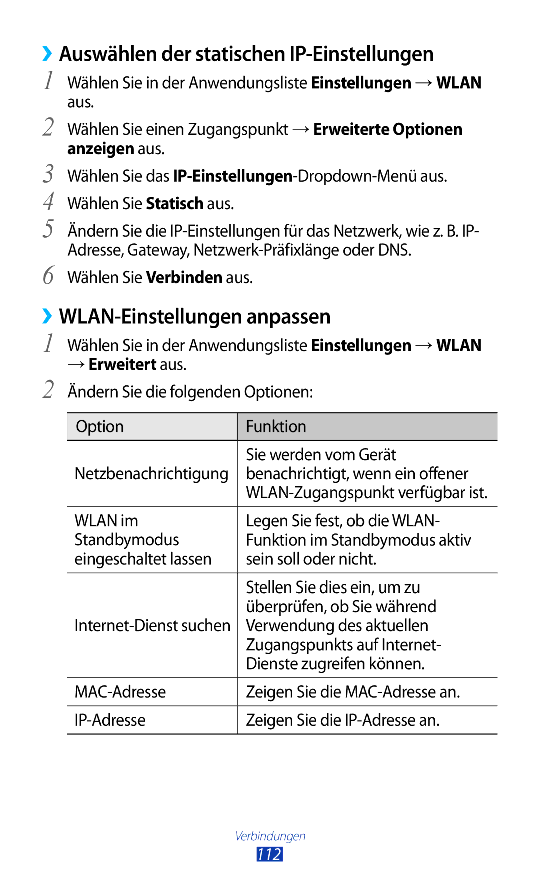 Samsung GT-S7562ZKADBT manual ››Auswählen der statischen IP-Einstellungen, ››WLAN-Einstellungen anpassen, → Erweitert aus 