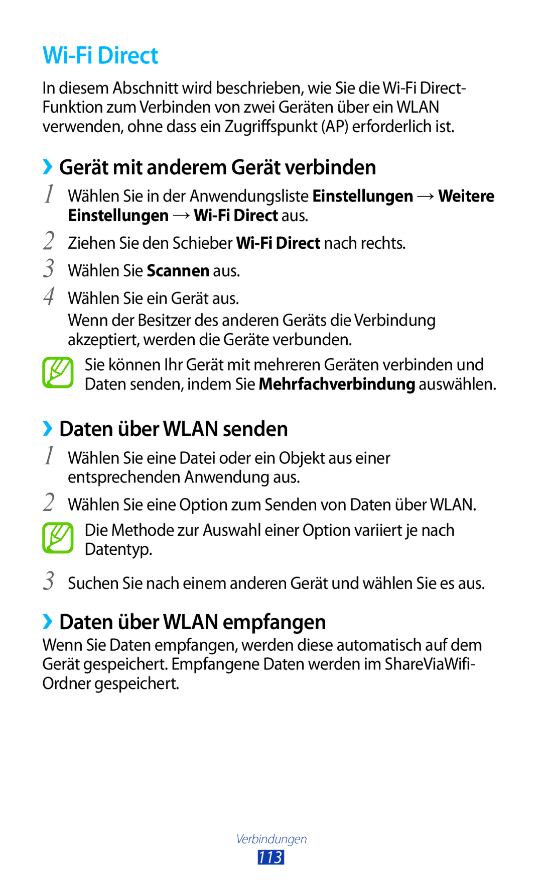 Samsung GT-S7562WSADBT, GT-S7562ZKAOPT manual Wi-Fi Direct, ››Gerät mit anderem Gerät verbinden, ››Daten über Wlan senden 