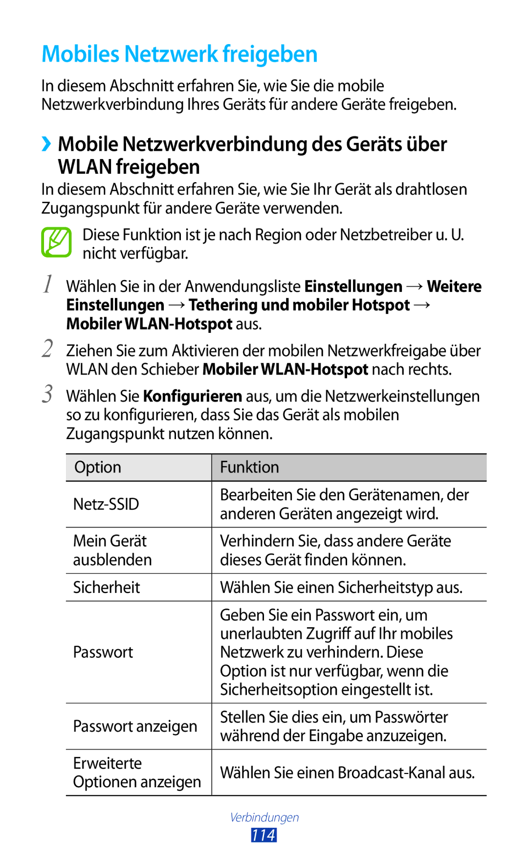 Samsung GT-S7562UWATPH manual Mobiles Netzwerk freigeben, ››Mobile Netzwerkverbindung des Geräts über Wlan freigeben 