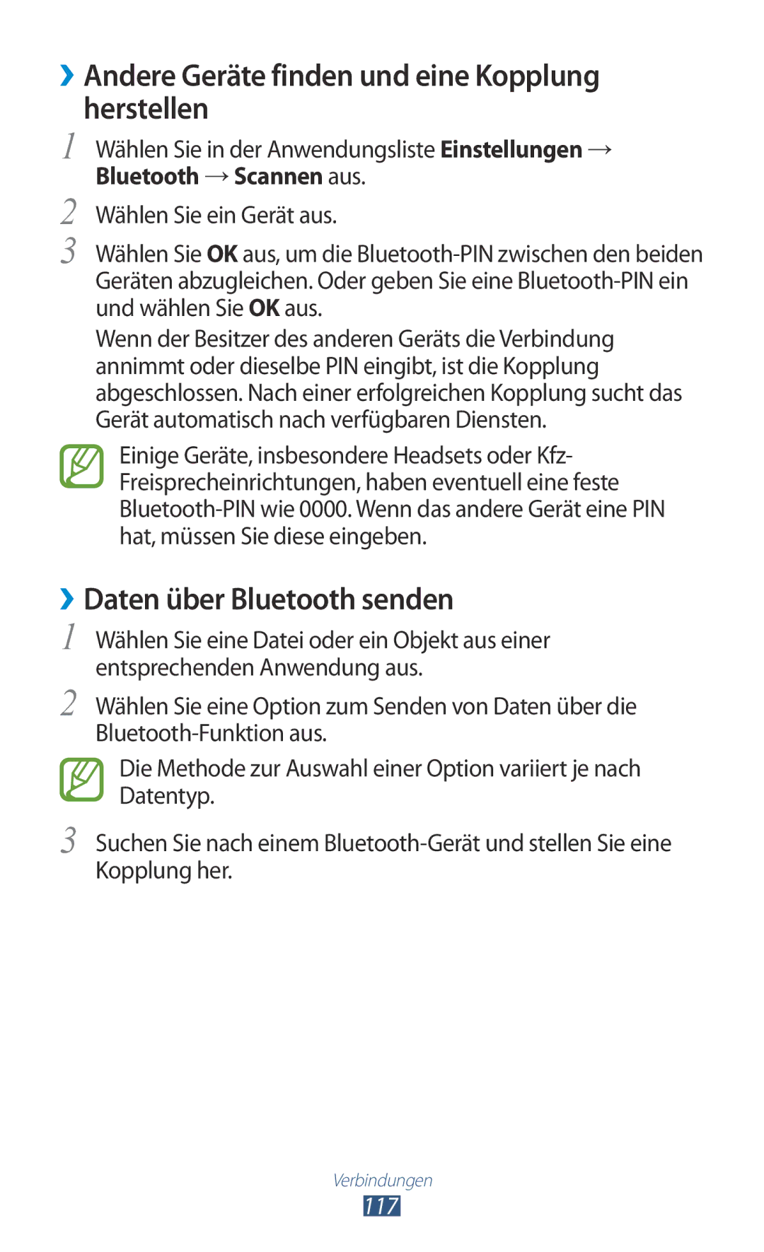 Samsung GT-S7562UWATUR, GT-S7562ZKAOPT ››Andere Geräte finden und eine Kopplung herstellen, ››Daten über Bluetooth senden 