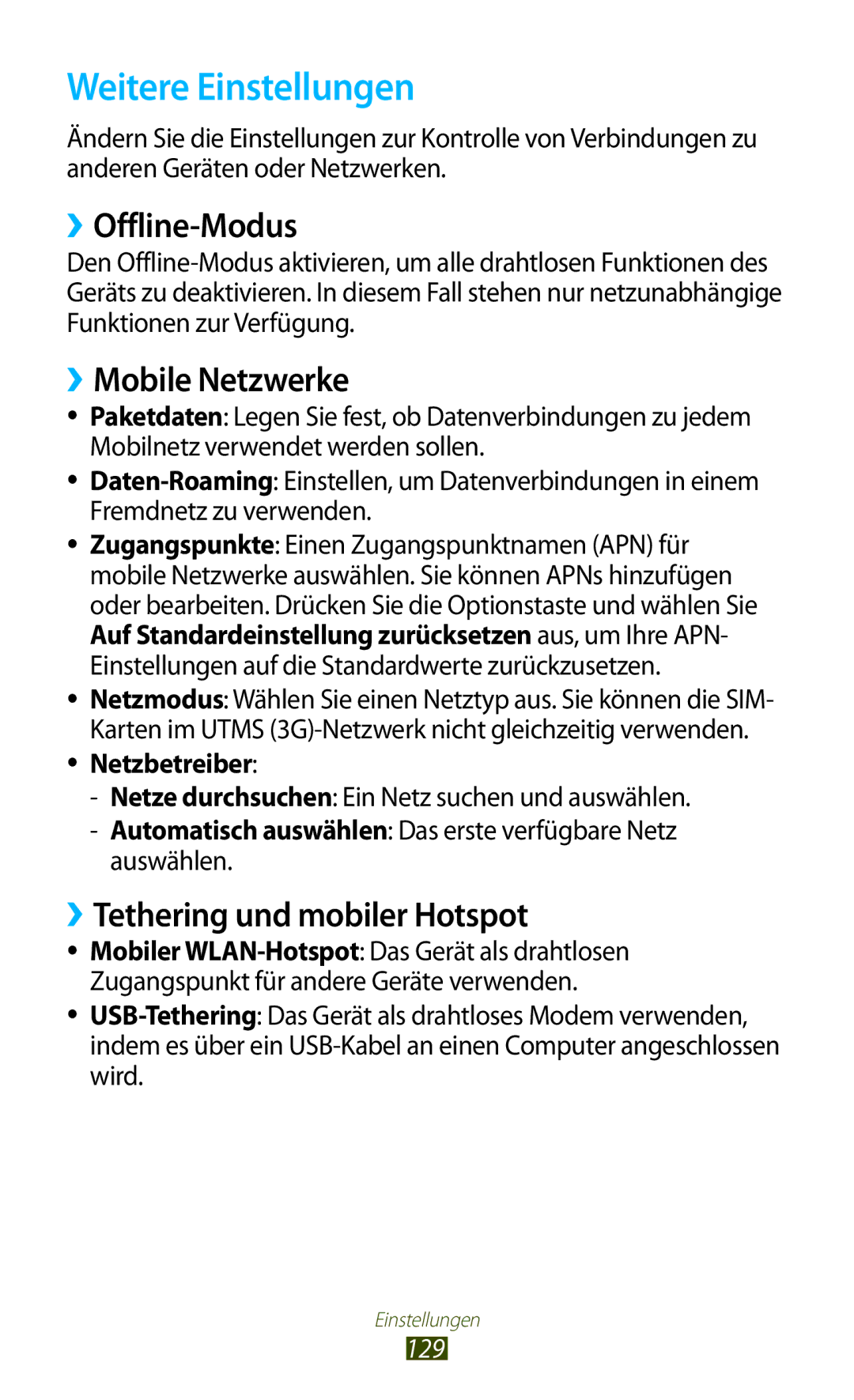 Samsung GT-S7562ZKAXEO manual Weitere Einstellungen, ››Offline-Modus, ››Mobile Netzwerke, ››Tethering und mobiler Hotspot 