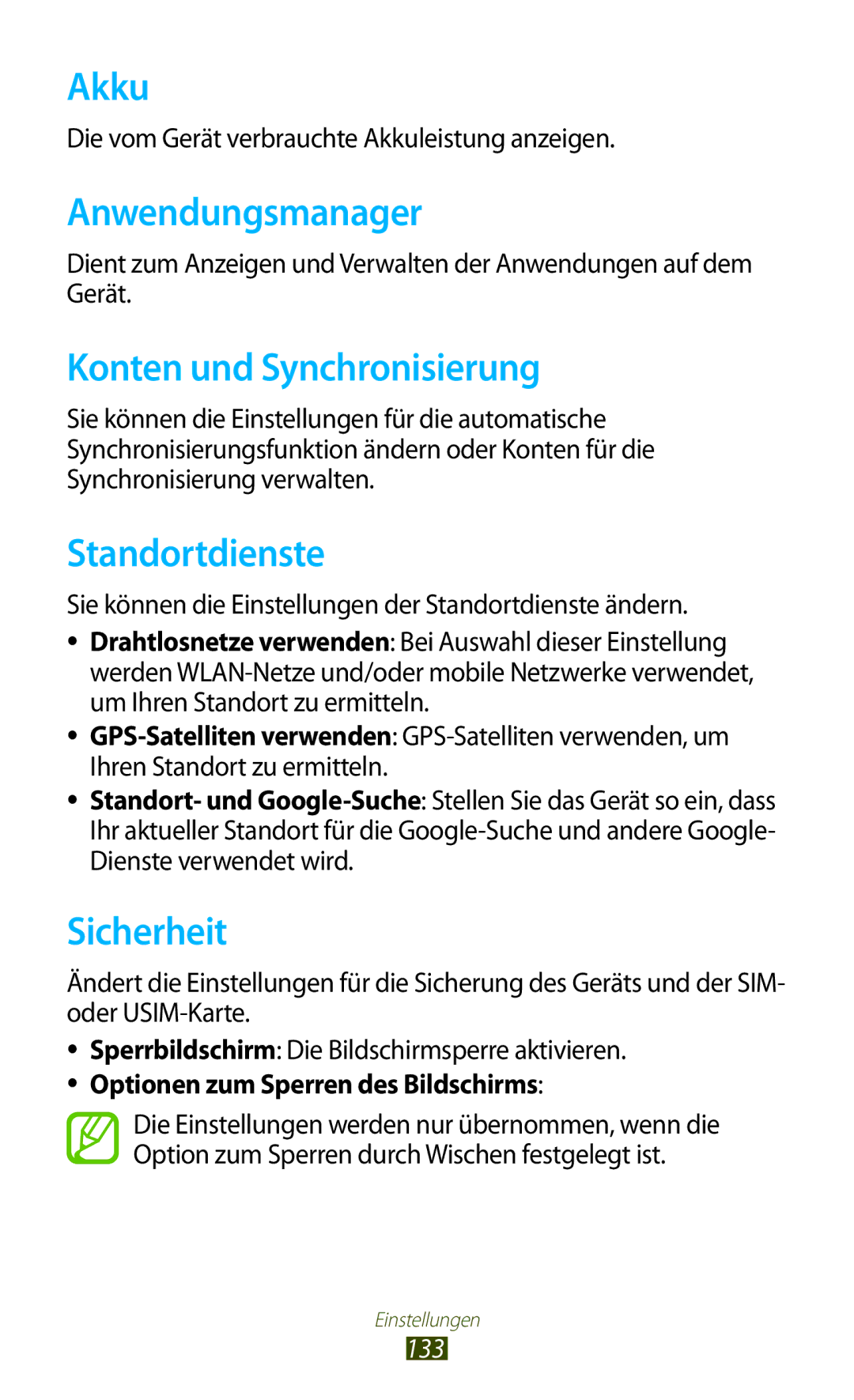 Samsung GT-S7562ZKATUR, GT-S7562ZKAOPT Akku, Anwendungsmanager, Konten und Synchronisierung, Standortdienste, Sicherheit 