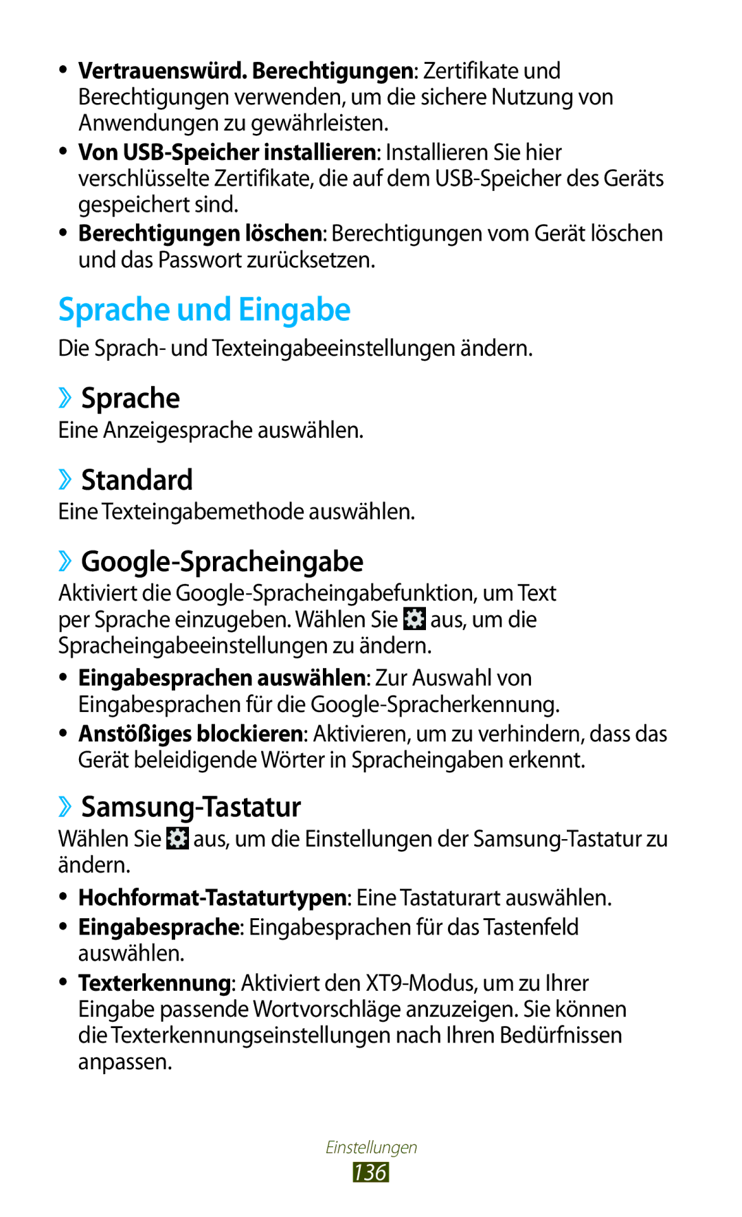 Samsung GT-S7562UWATPH manual Sprache und Eingabe, ››Sprache, ››Standard, ››Google-Spracheingabe, ››Samsung-Tastatur 