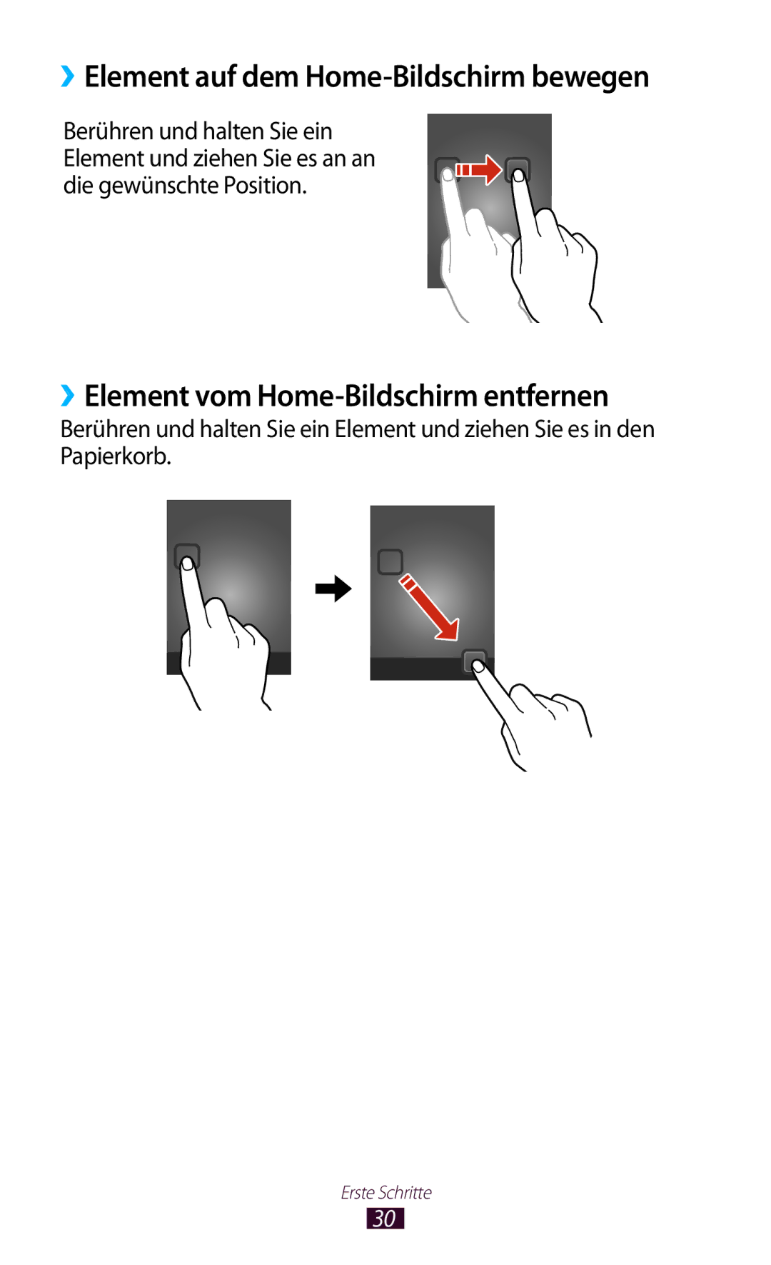 Samsung GT-S7562ZKAXEO, GT-S7562ZKAOPT ››Element auf dem Home-Bildschirm bewegen, ››Element vom Home-Bildschirm entfernen 