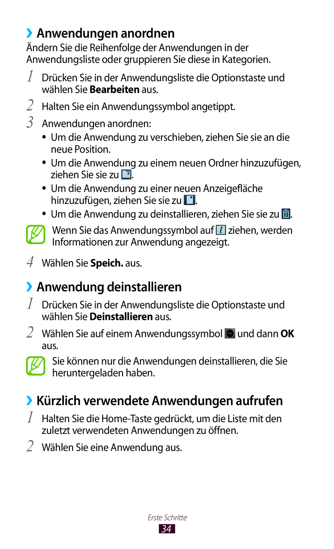 Samsung GT-S7562ZKATUR ››Anwendungen anordnen, ››Anwendung deinstallieren, ››Kürzlich verwendete Anwendungen aufrufen 