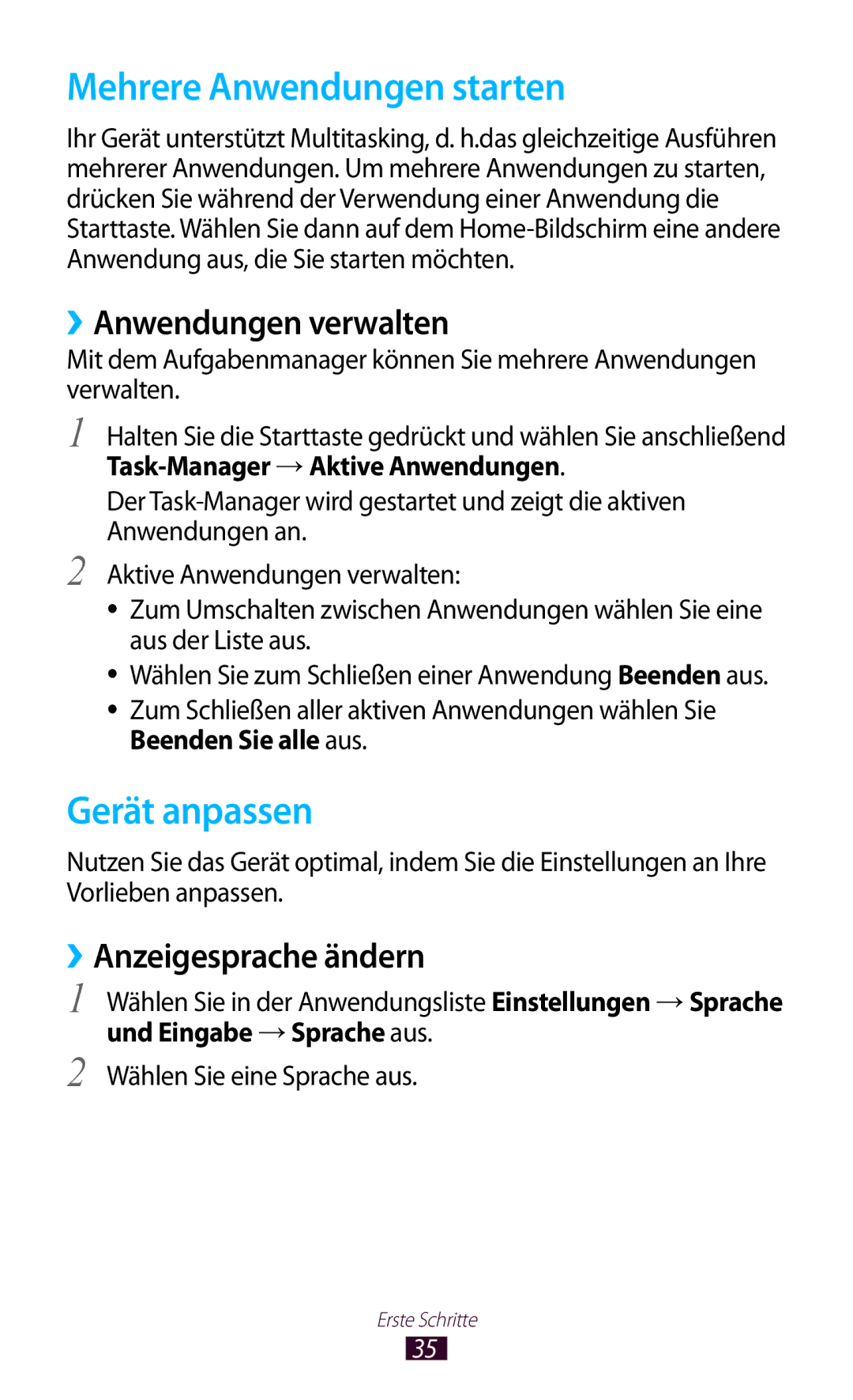 Samsung GT-S7562ZKADBT manual Mehrere Anwendungen starten, Gerät anpassen, ››Anwendungen verwalten, ››Anzeigesprache ändern 