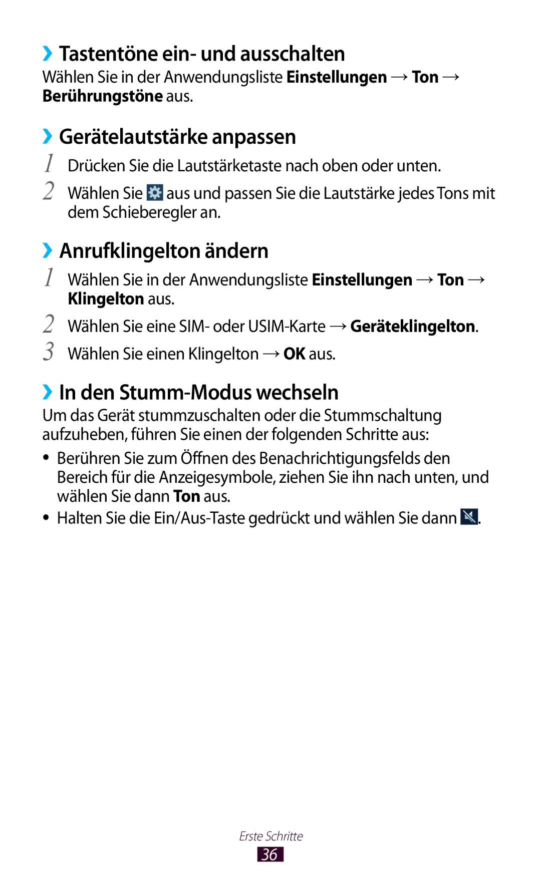 Samsung GT-S7562WSADBT manual ››Tastentöne ein- und ausschalten, ››Gerätelautstärke anpassen, ››Anrufklingelton ändern 