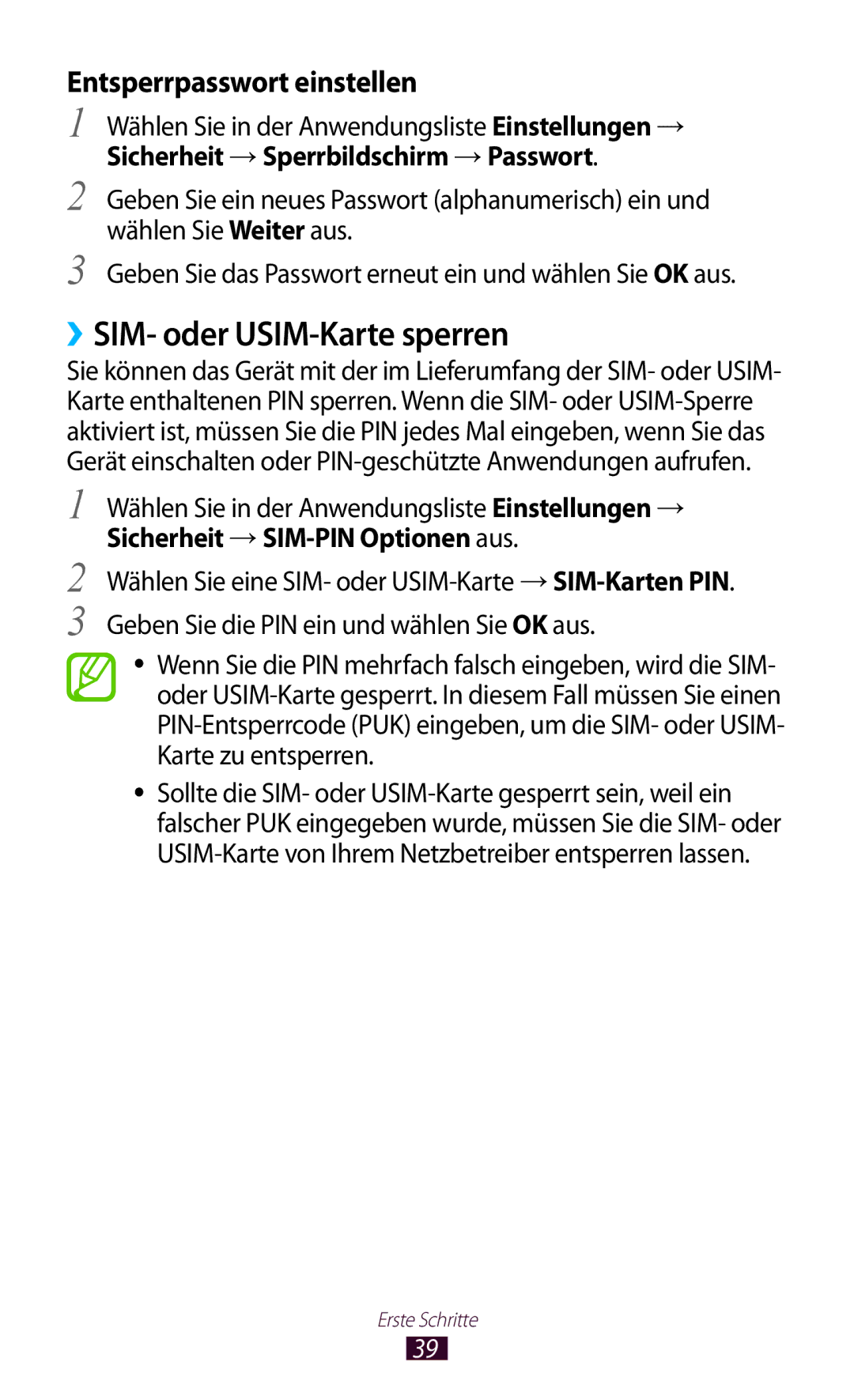 Samsung GT-S7562ZKATPH, GT-S7562ZKAOPT, GT-S7562UWADBT manual ››SIM- oder USIM-Karte sperren, Entsperrpasswort einstellen 